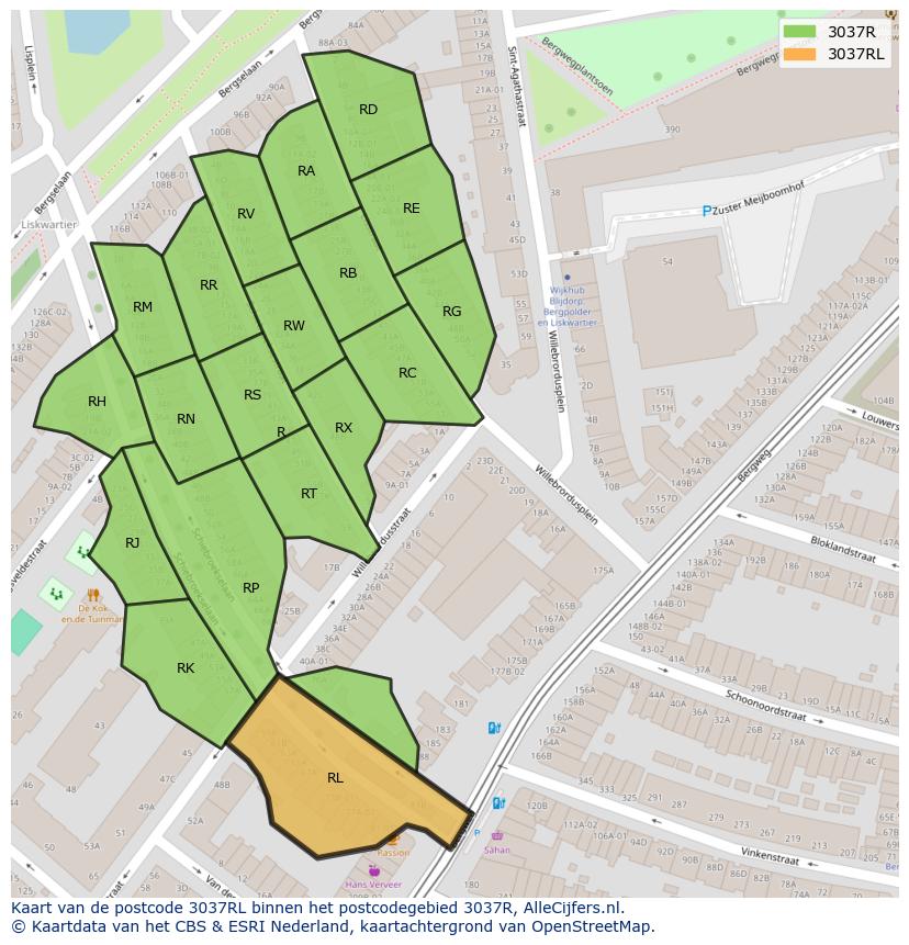 Afbeelding van het postcodegebied 3037 RL op de kaart.
