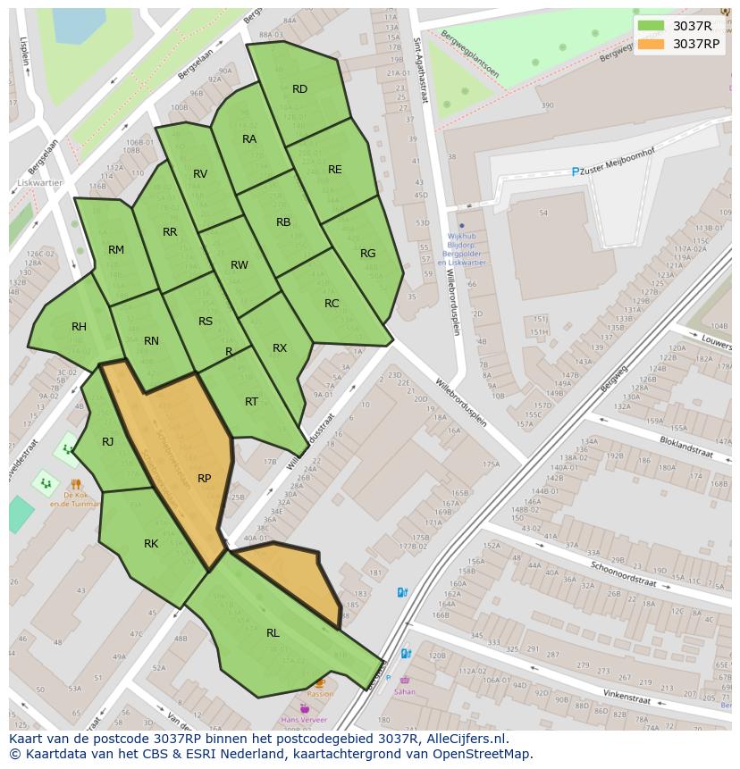 Afbeelding van het postcodegebied 3037 RP op de kaart.