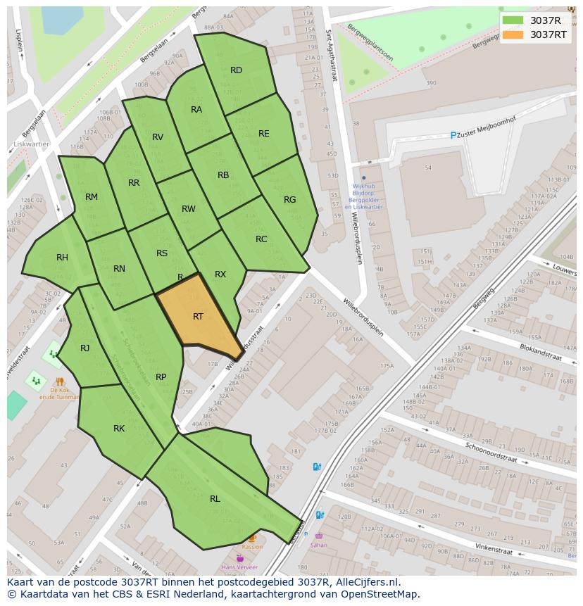 Afbeelding van het postcodegebied 3037 RT op de kaart.