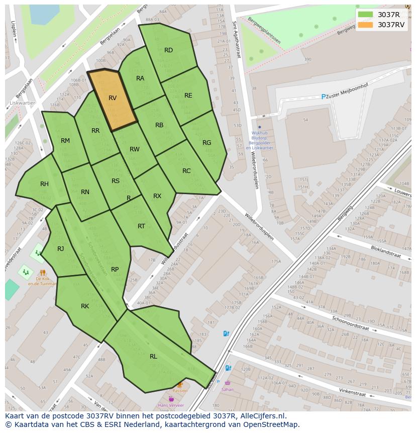 Afbeelding van het postcodegebied 3037 RV op de kaart.