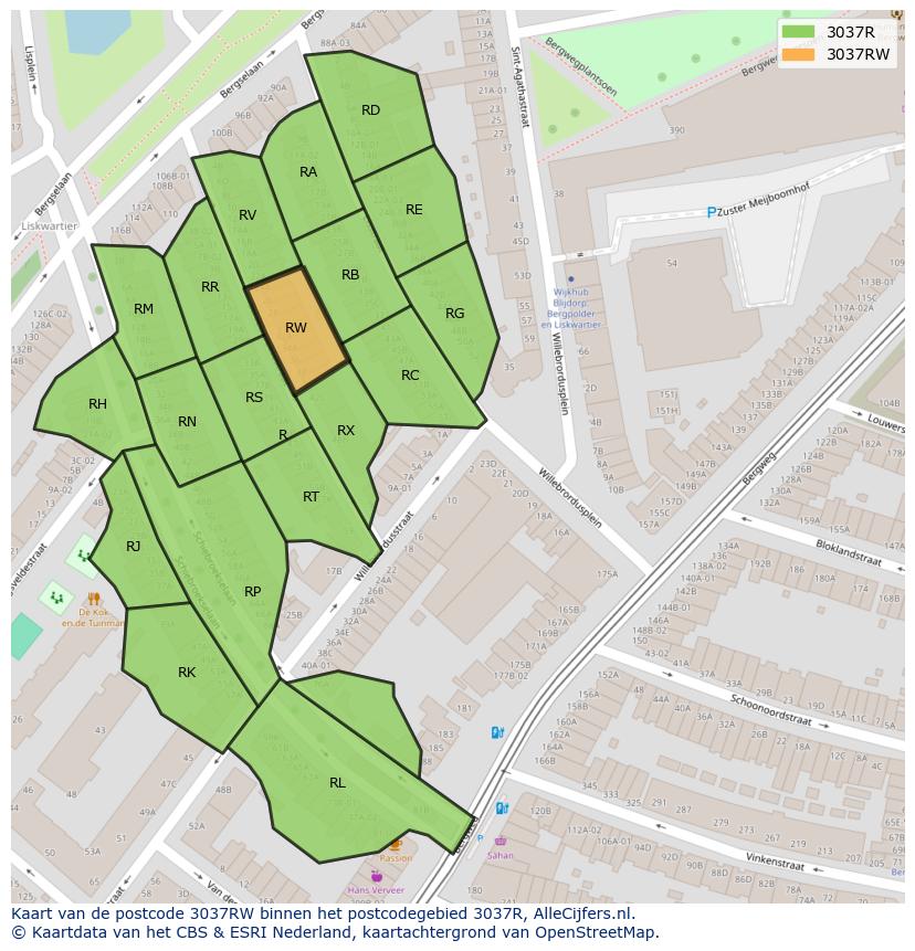 Afbeelding van het postcodegebied 3037 RW op de kaart.