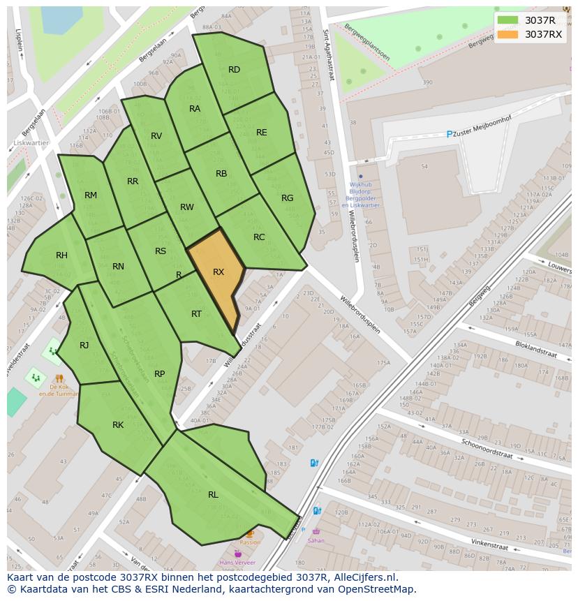 Afbeelding van het postcodegebied 3037 RX op de kaart.