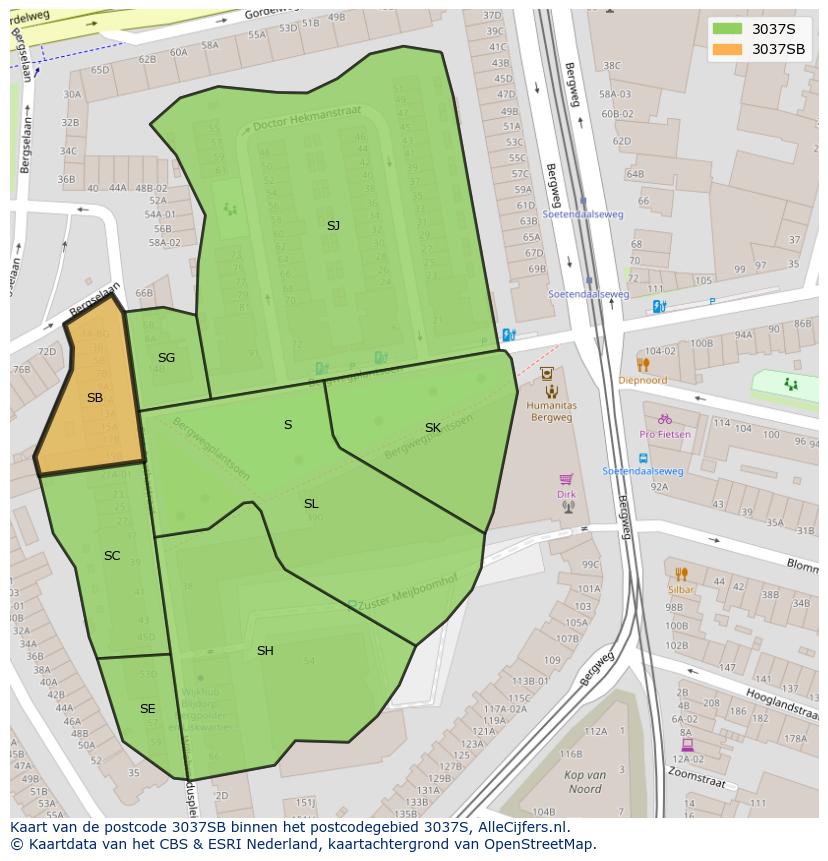 Afbeelding van het postcodegebied 3037 SB op de kaart.