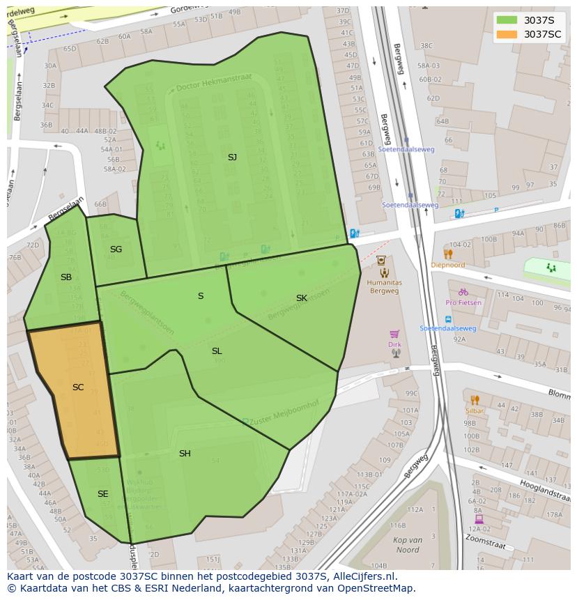 Afbeelding van het postcodegebied 3037 SC op de kaart.