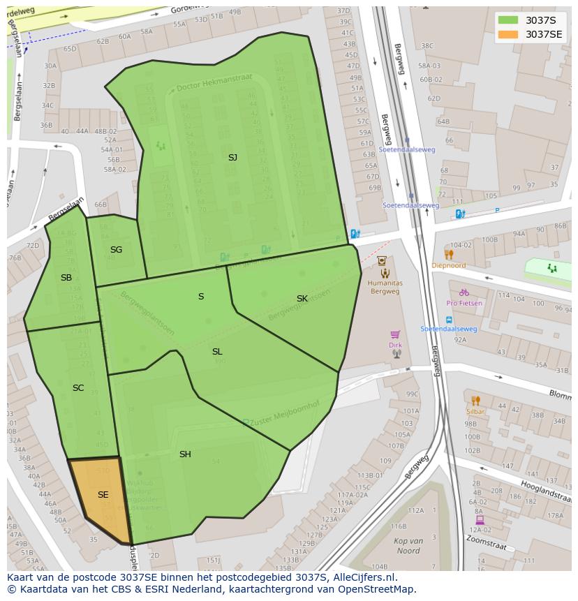 Afbeelding van het postcodegebied 3037 SE op de kaart.