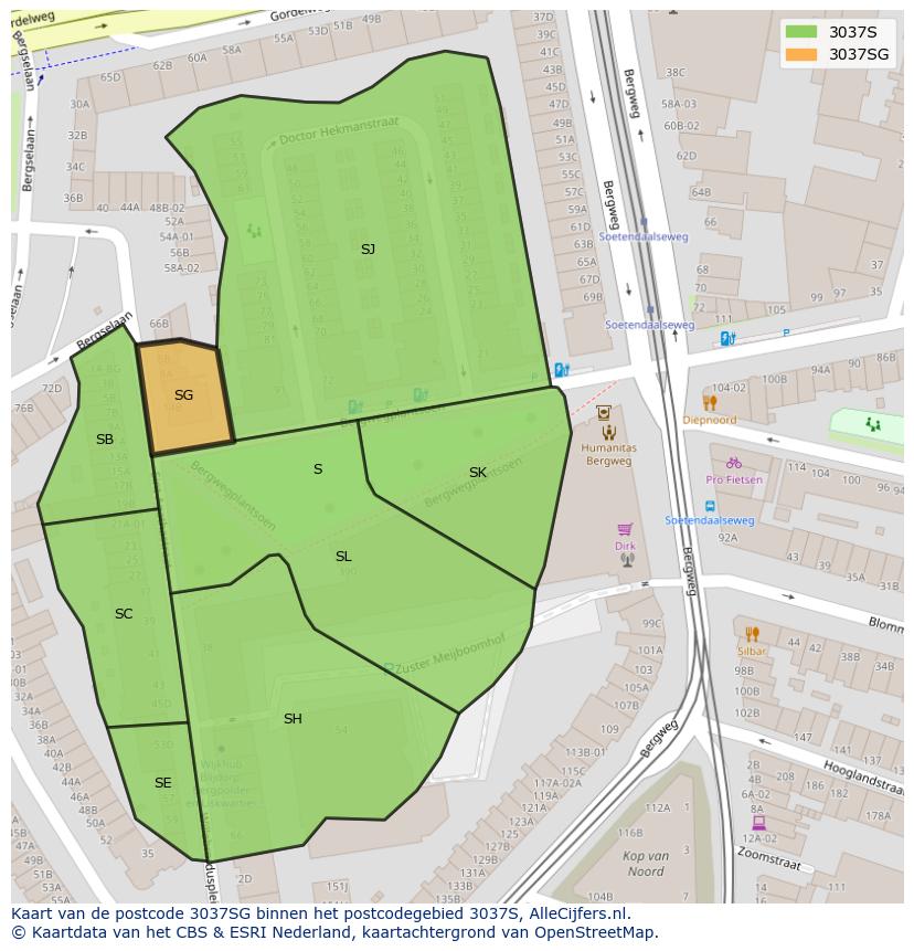 Afbeelding van het postcodegebied 3037 SG op de kaart.