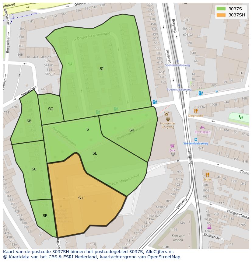 Afbeelding van het postcodegebied 3037 SH op de kaart.