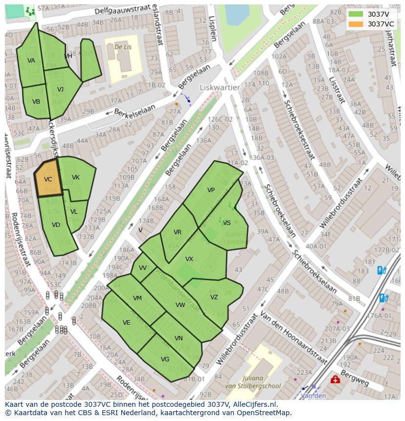 Afbeelding van het postcodegebied 3037 VC op de kaart.