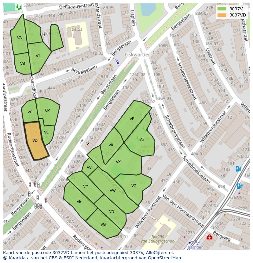 Afbeelding van het postcodegebied 3037 VD op de kaart.