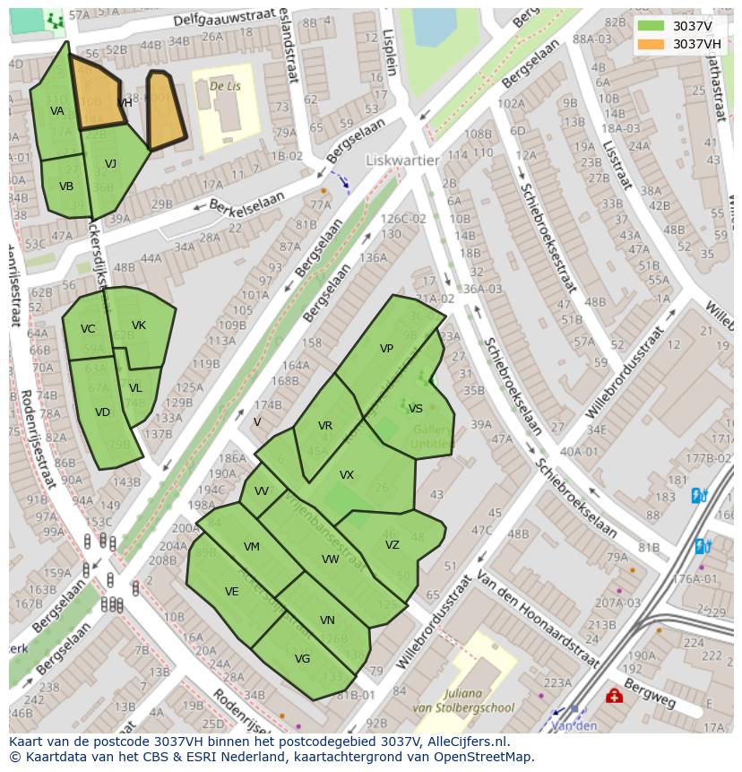 Afbeelding van het postcodegebied 3037 VH op de kaart.