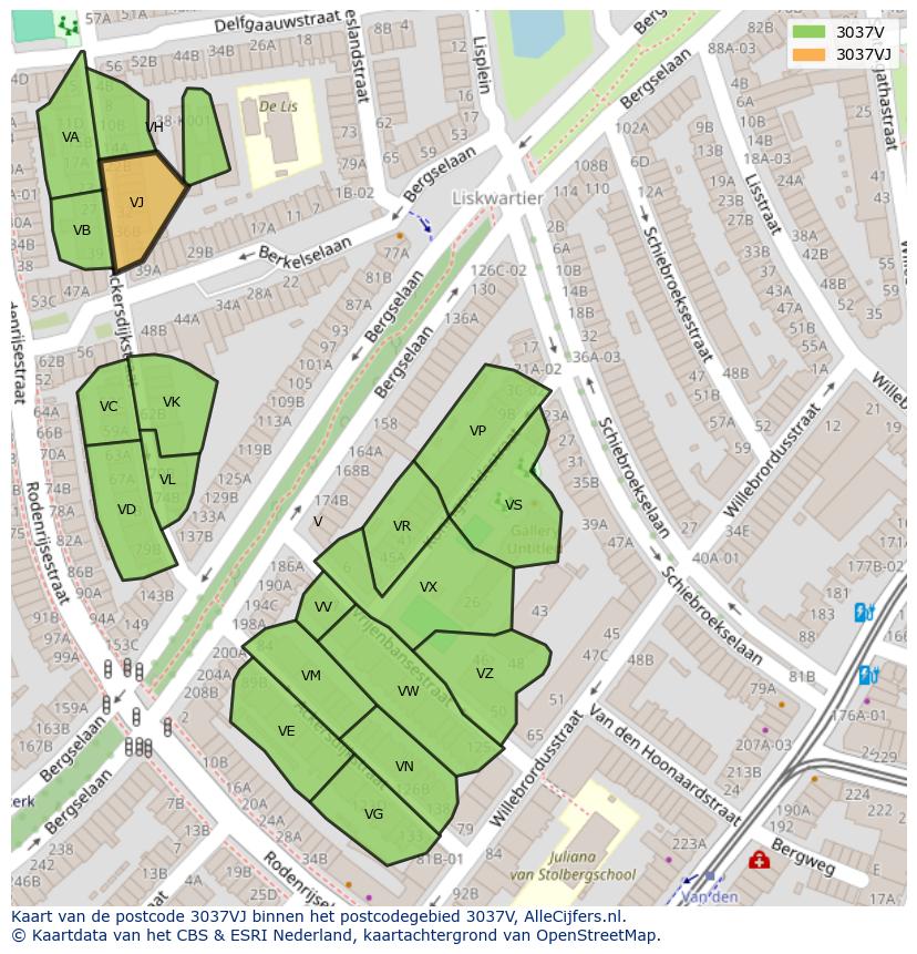 Afbeelding van het postcodegebied 3037 VJ op de kaart.