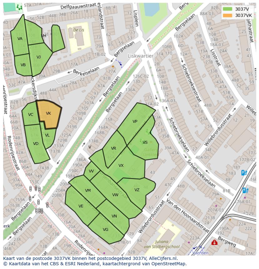 Afbeelding van het postcodegebied 3037 VK op de kaart.