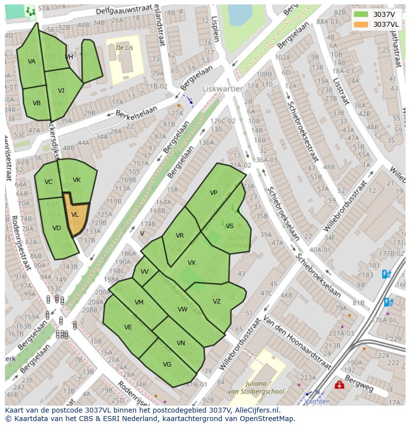 Afbeelding van het postcodegebied 3037 VL op de kaart.