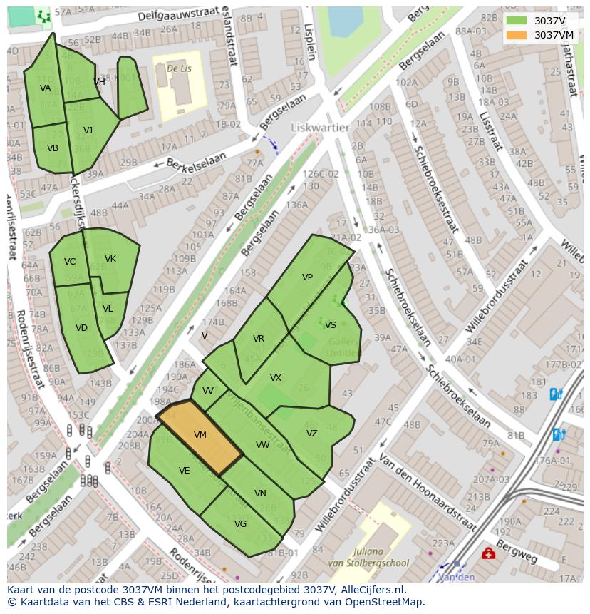 Afbeelding van het postcodegebied 3037 VM op de kaart.