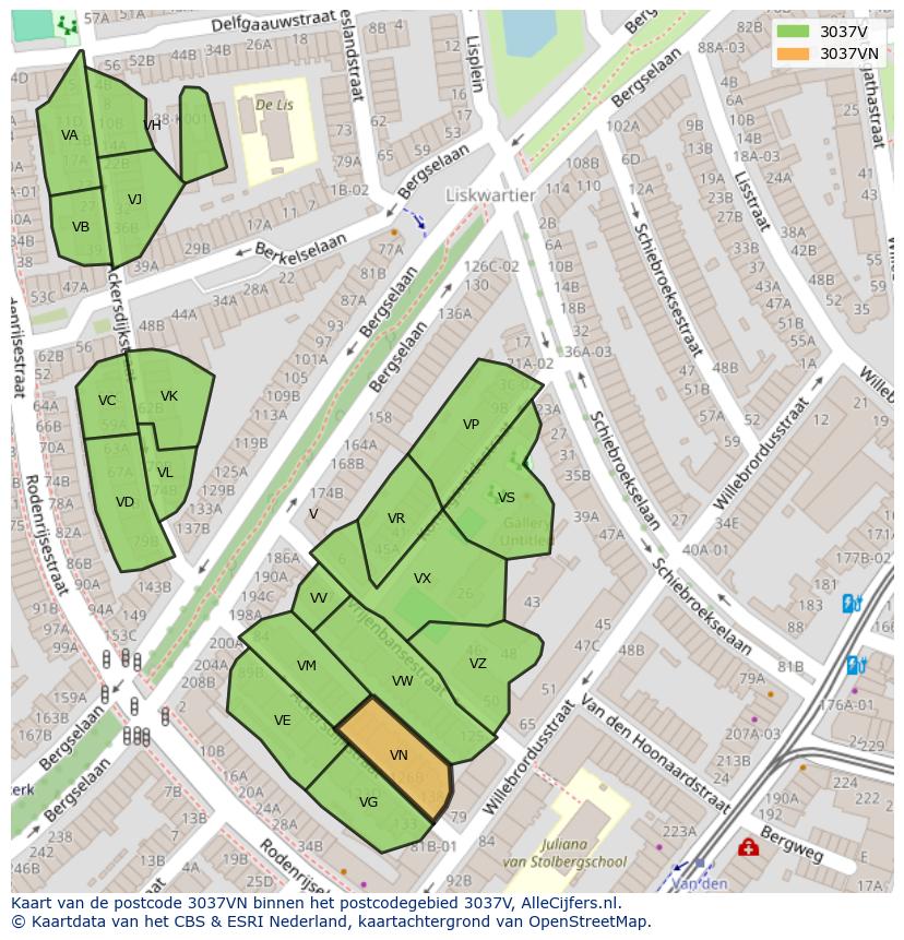 Afbeelding van het postcodegebied 3037 VN op de kaart.