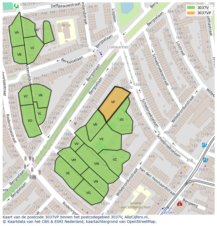 Afbeelding van het postcodegebied 3037 VP op de kaart.