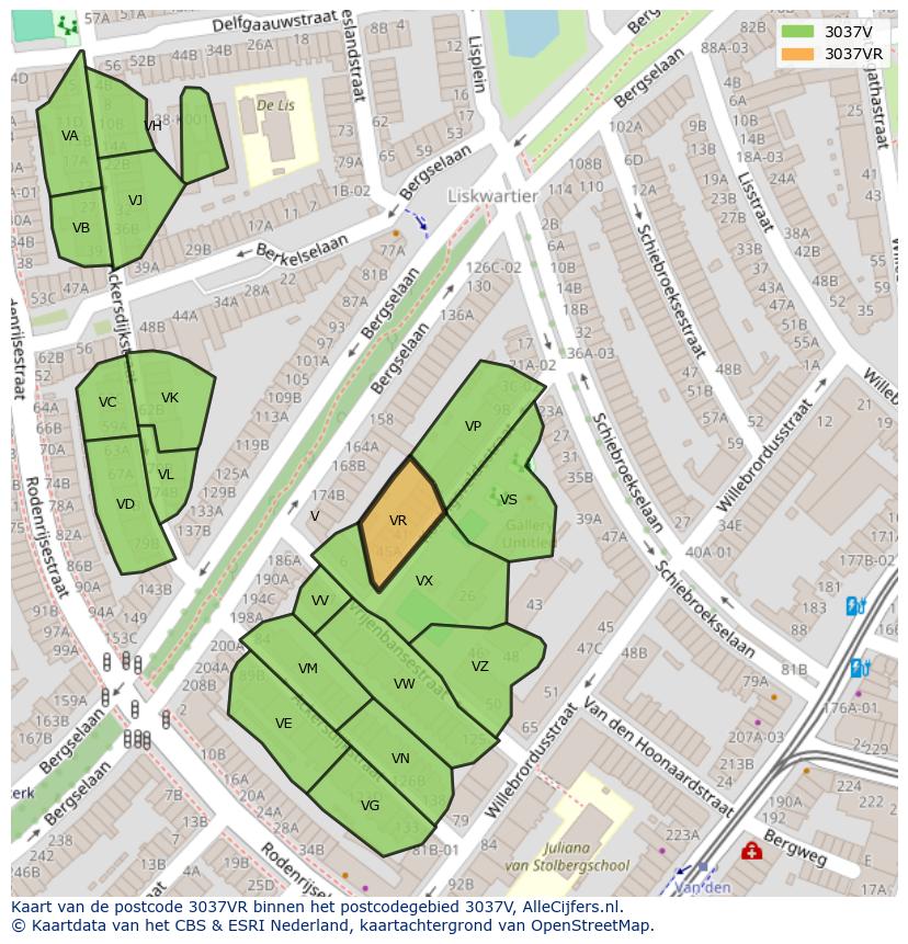 Afbeelding van het postcodegebied 3037 VR op de kaart.