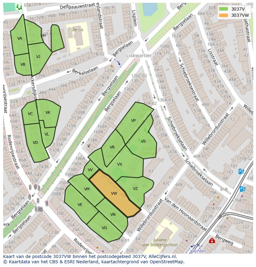 Afbeelding van het postcodegebied 3037 VW op de kaart.