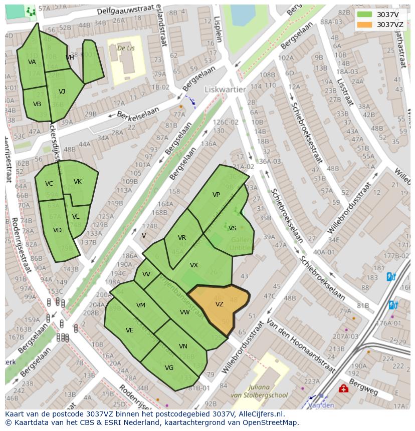 Afbeelding van het postcodegebied 3037 VZ op de kaart.