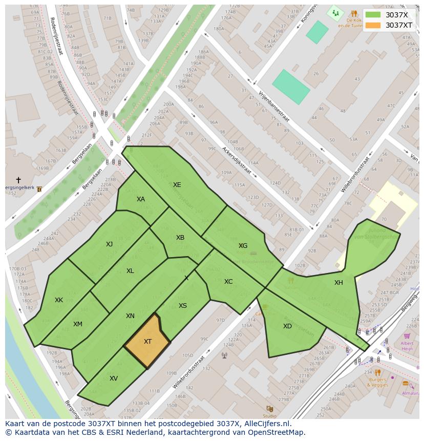 Afbeelding van het postcodegebied 3037 XT op de kaart.