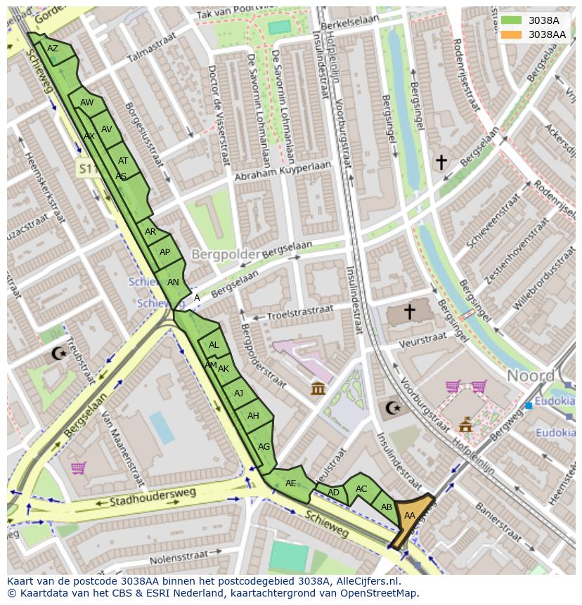 Afbeelding van het postcodegebied 3038 AA op de kaart.