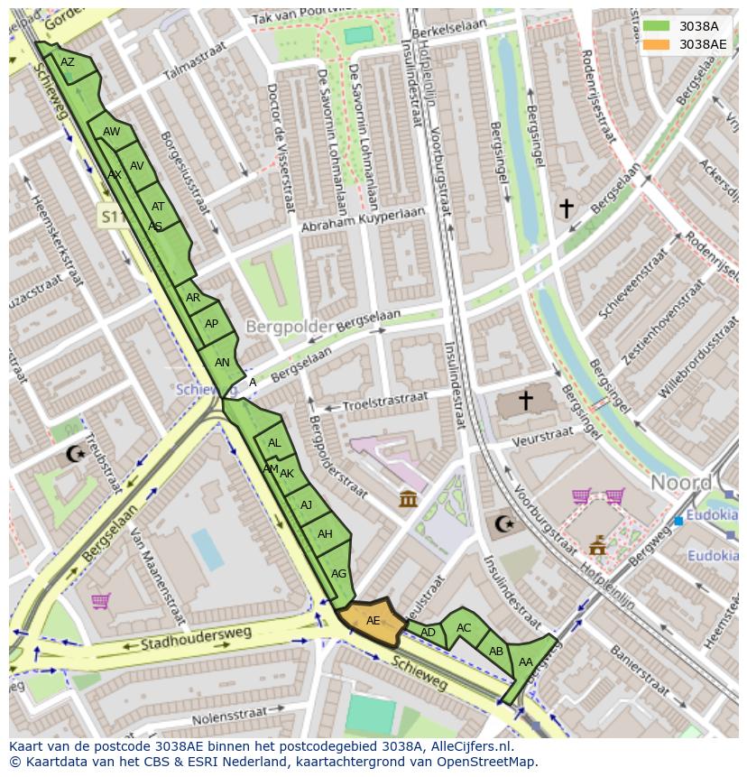 Afbeelding van het postcodegebied 3038 AE op de kaart.