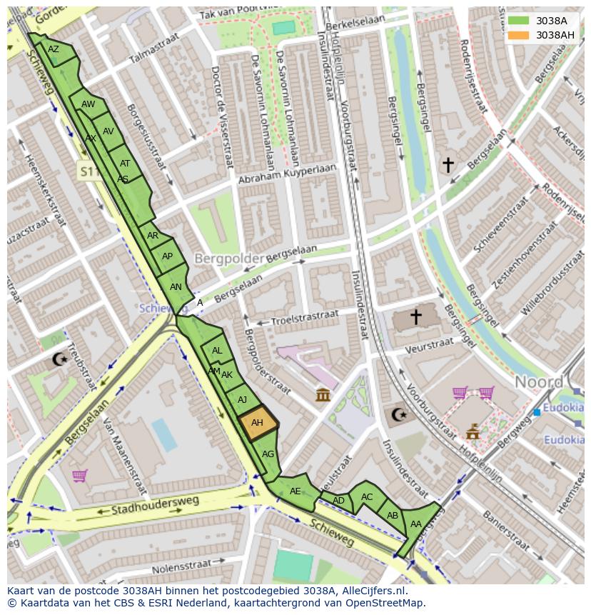Afbeelding van het postcodegebied 3038 AH op de kaart.