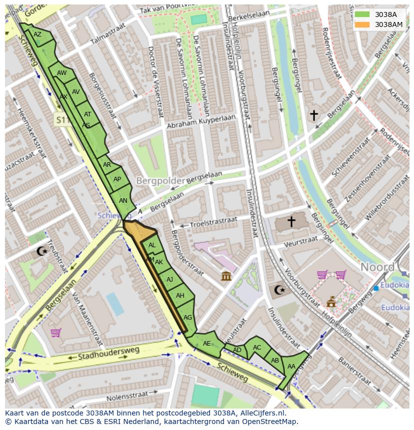 Afbeelding van het postcodegebied 3038 AM op de kaart.