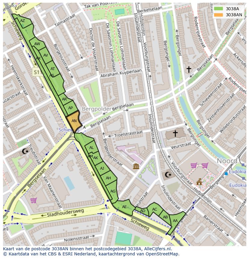 Afbeelding van het postcodegebied 3038 AN op de kaart.