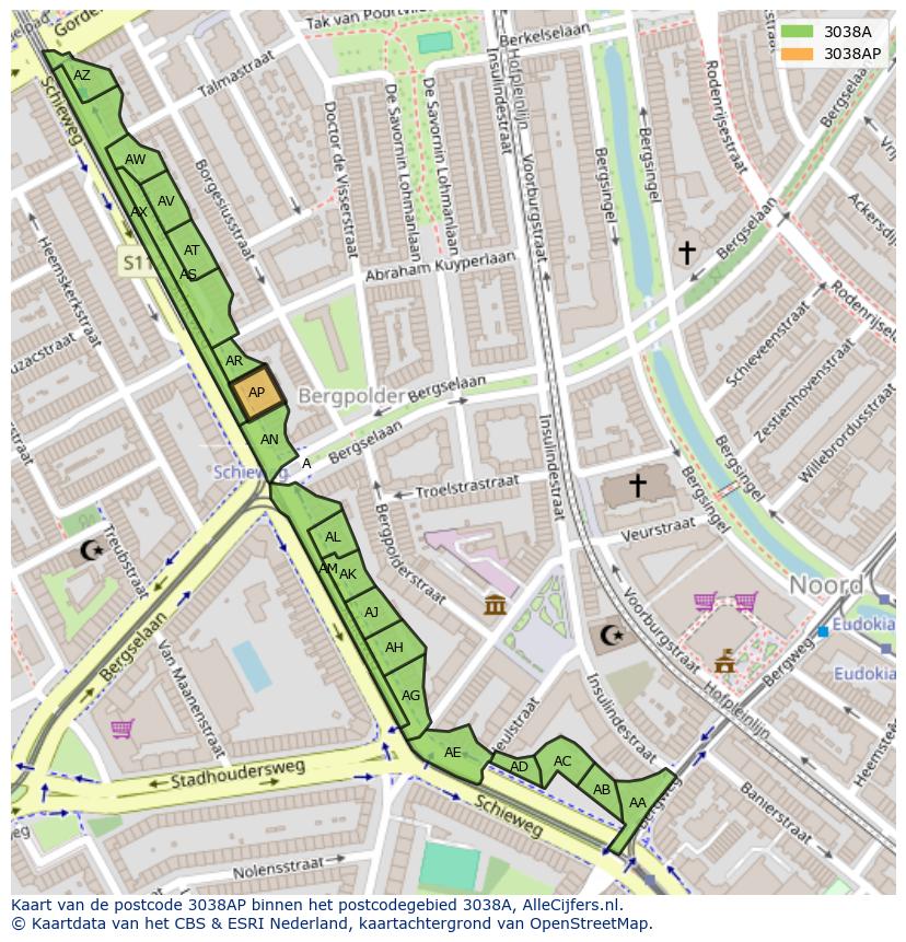 Afbeelding van het postcodegebied 3038 AP op de kaart.