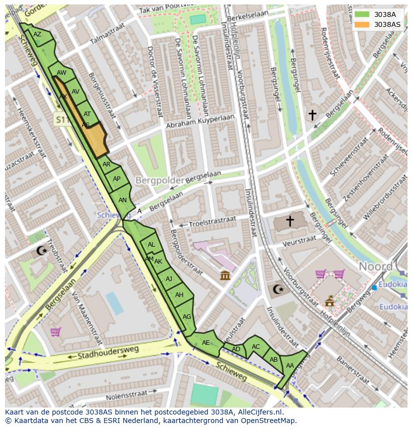 Afbeelding van het postcodegebied 3038 AS op de kaart.