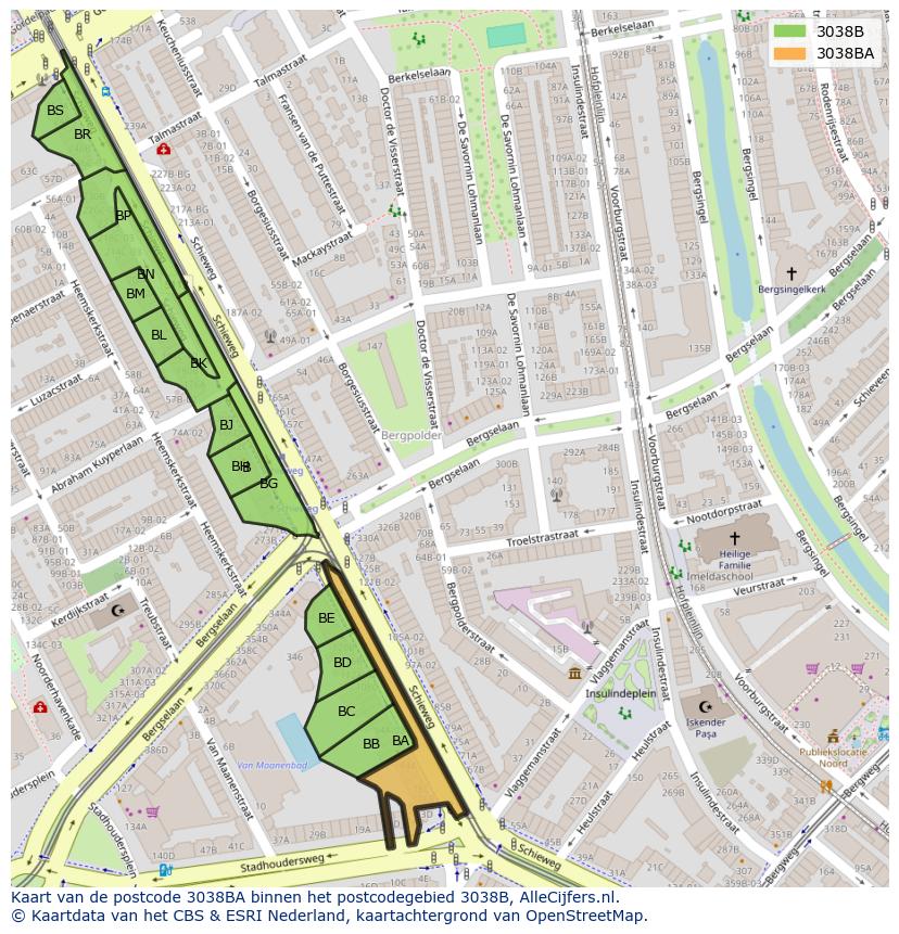 Afbeelding van het postcodegebied 3038 BA op de kaart.