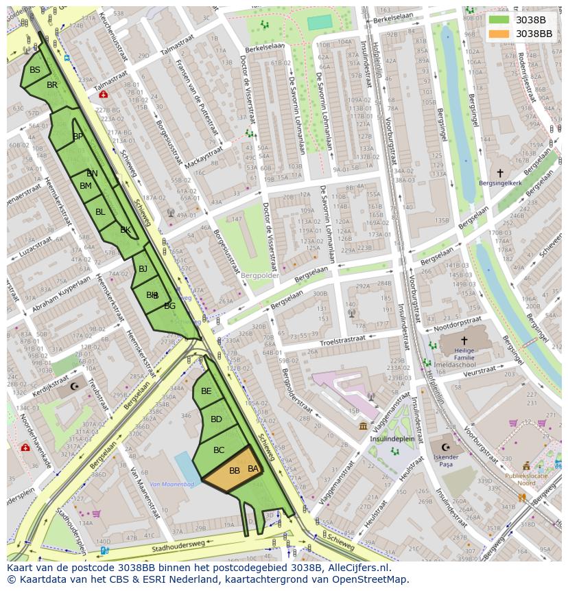 Afbeelding van het postcodegebied 3038 BB op de kaart.