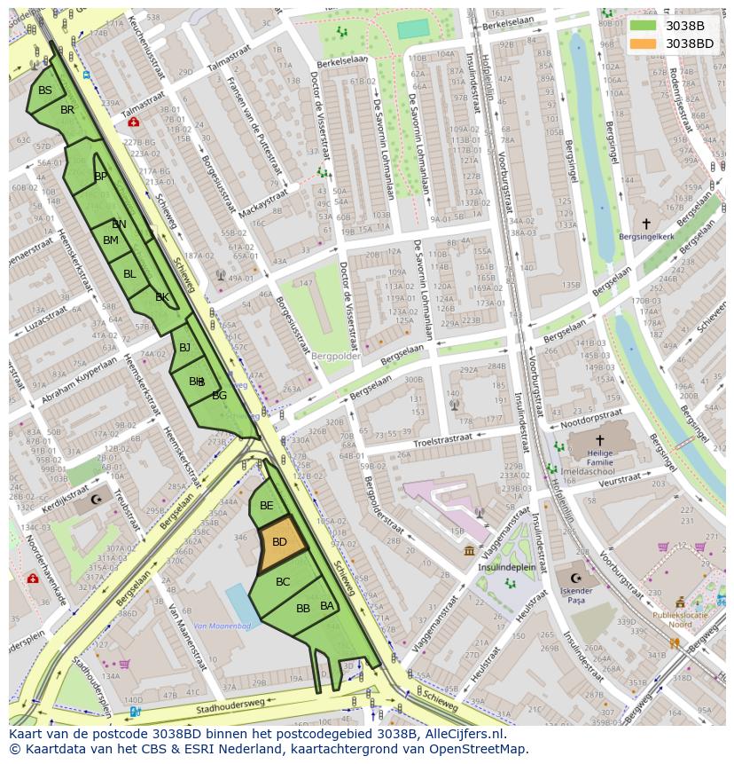 Afbeelding van het postcodegebied 3038 BD op de kaart.