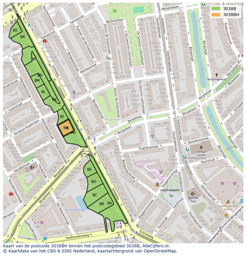 Afbeelding van het postcodegebied 3038 BH op de kaart.