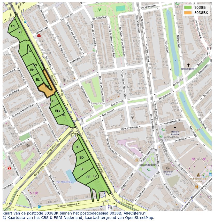 Afbeelding van het postcodegebied 3038 BK op de kaart.