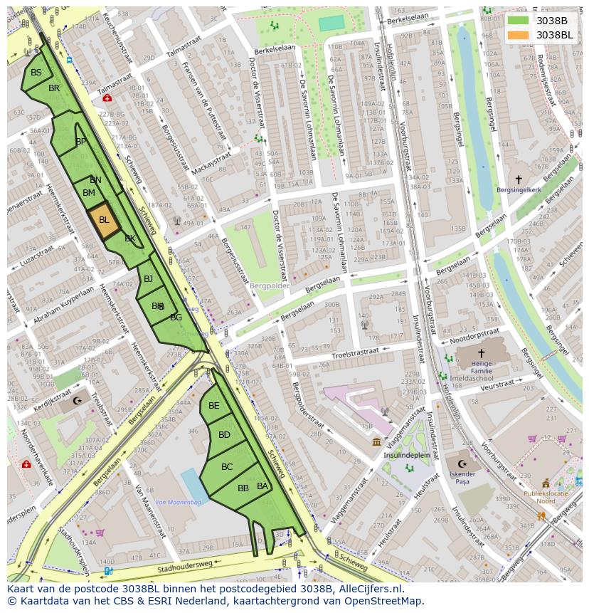Afbeelding van het postcodegebied 3038 BL op de kaart.