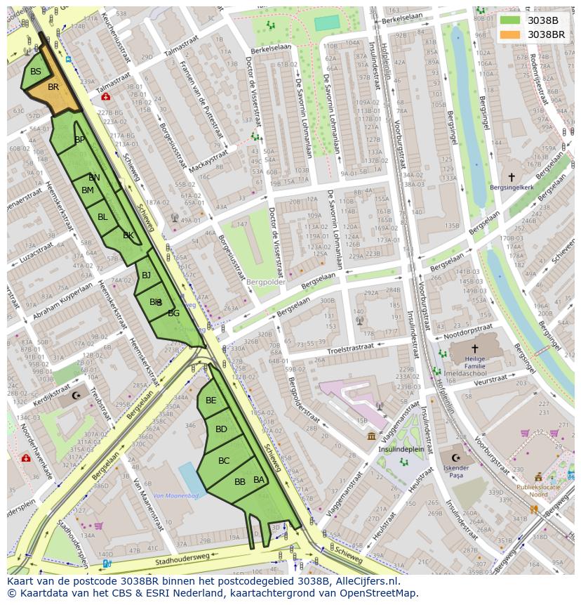 Afbeelding van het postcodegebied 3038 BR op de kaart.