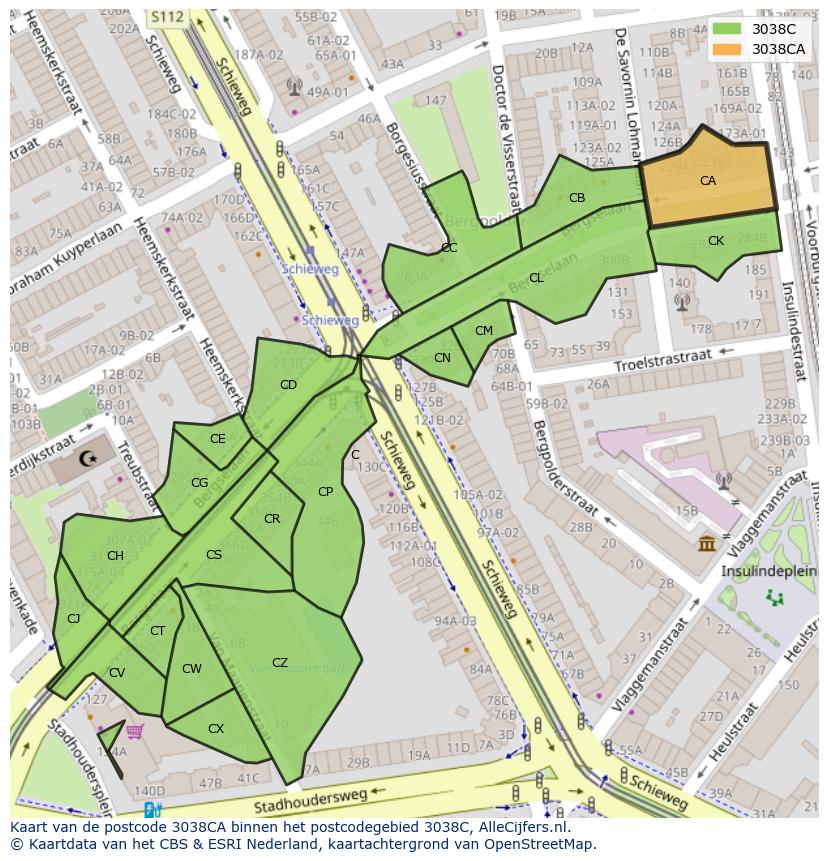 Afbeelding van het postcodegebied 3038 CA op de kaart.