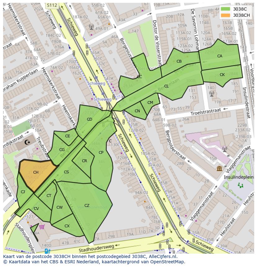 Afbeelding van het postcodegebied 3038 CH op de kaart.