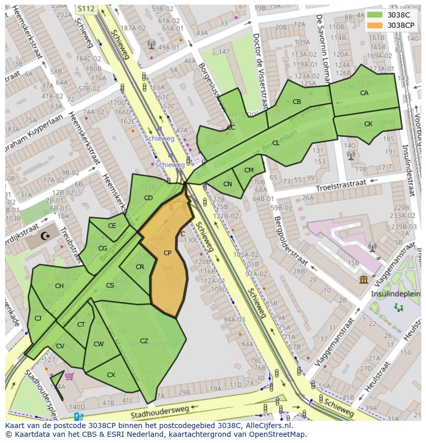 Afbeelding van het postcodegebied 3038 CP op de kaart.