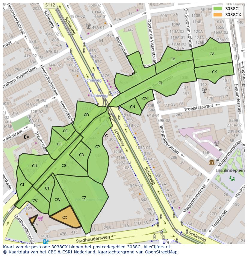 Afbeelding van het postcodegebied 3038 CX op de kaart.