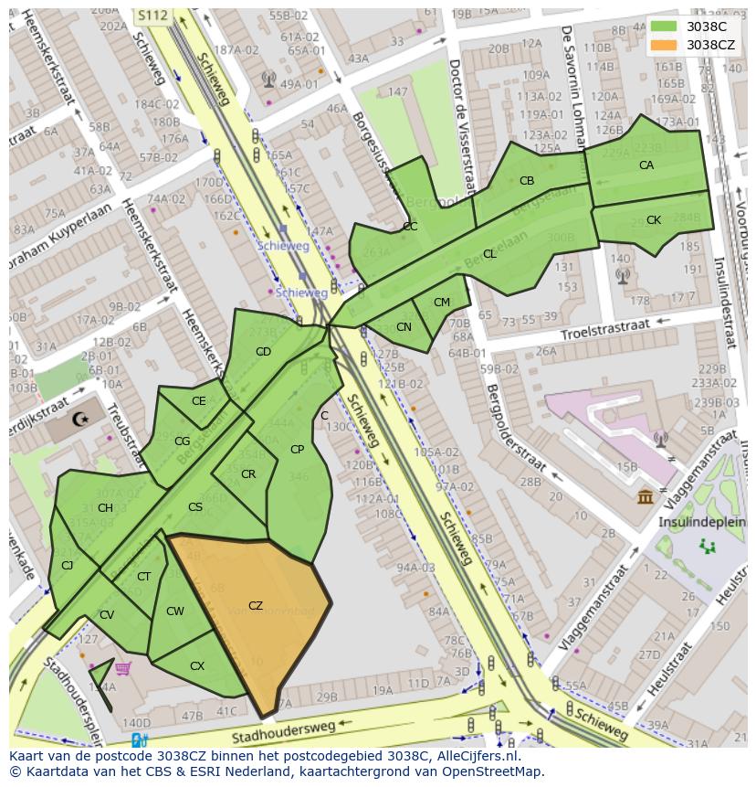 Afbeelding van het postcodegebied 3038 CZ op de kaart.