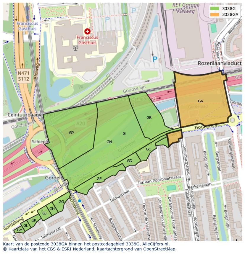 Afbeelding van het postcodegebied 3038 GA op de kaart.