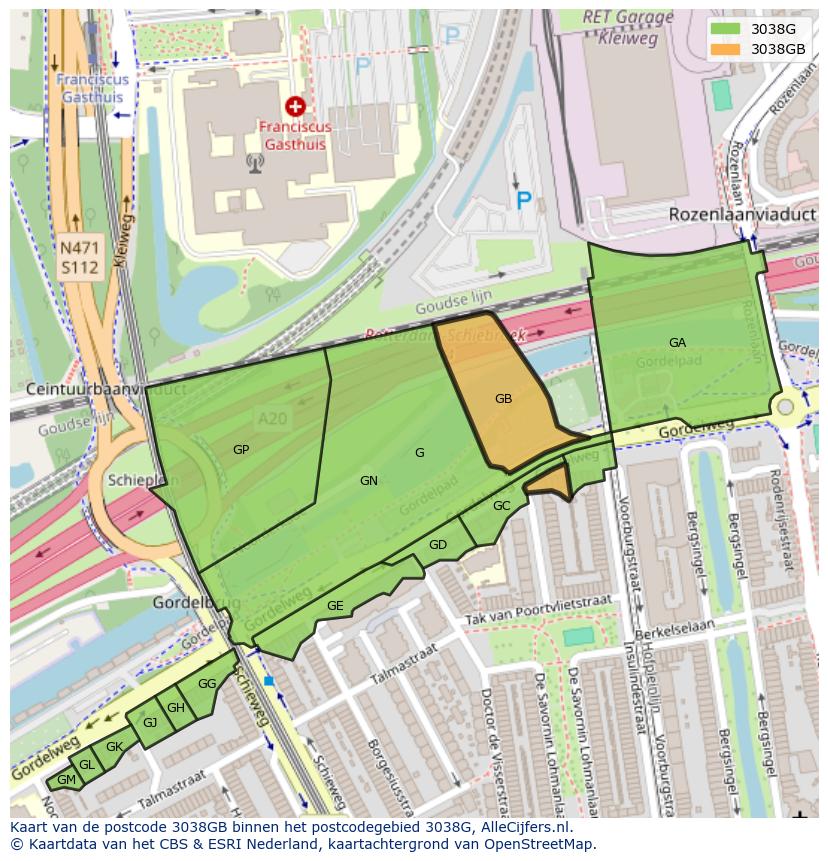 Afbeelding van het postcodegebied 3038 GB op de kaart.