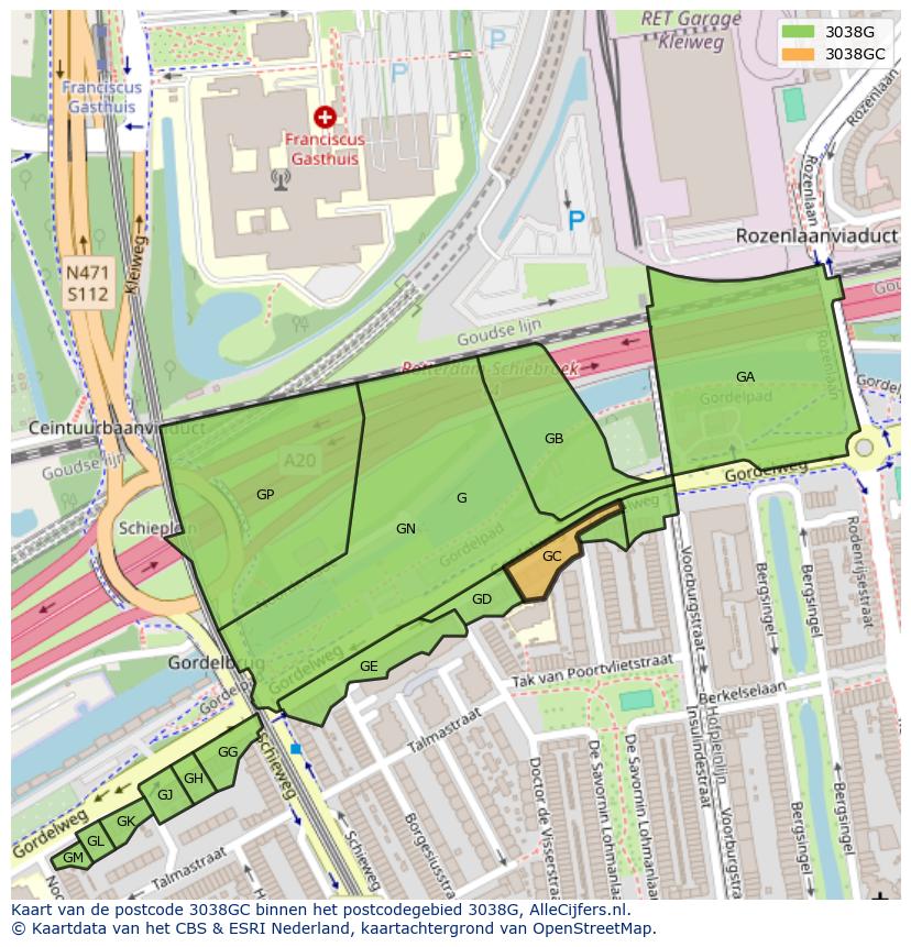 Afbeelding van het postcodegebied 3038 GC op de kaart.