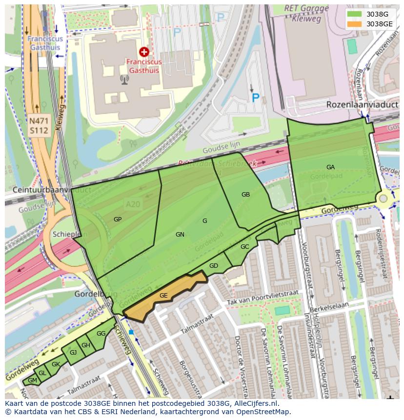 Afbeelding van het postcodegebied 3038 GE op de kaart.