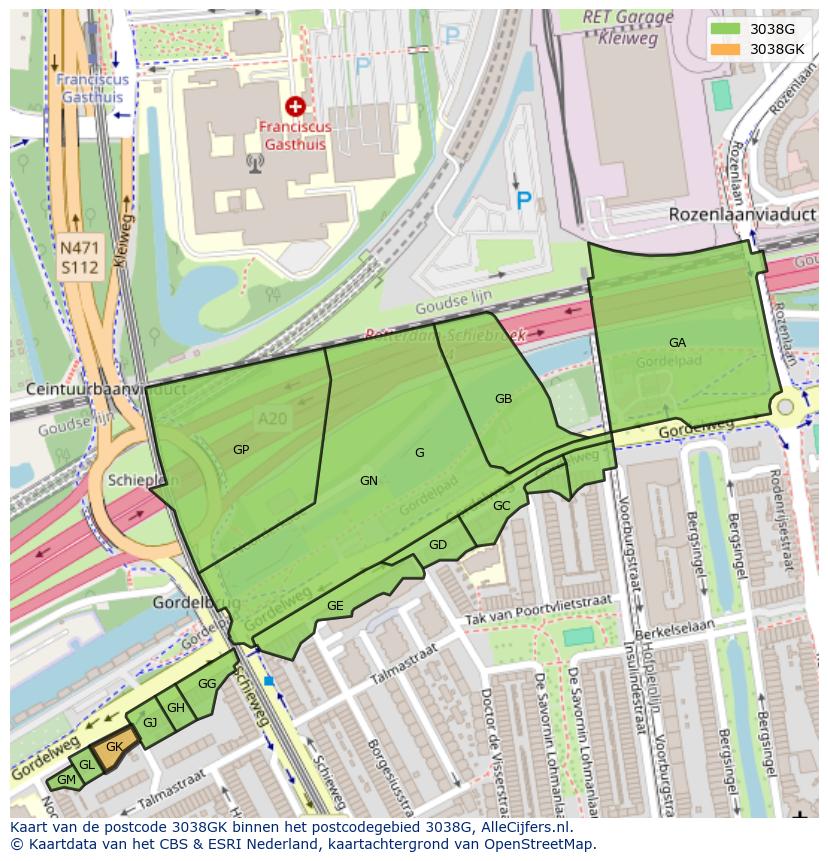 Afbeelding van het postcodegebied 3038 GK op de kaart.