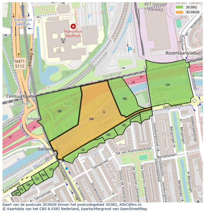 Afbeelding van het postcodegebied 3038 GN op de kaart.