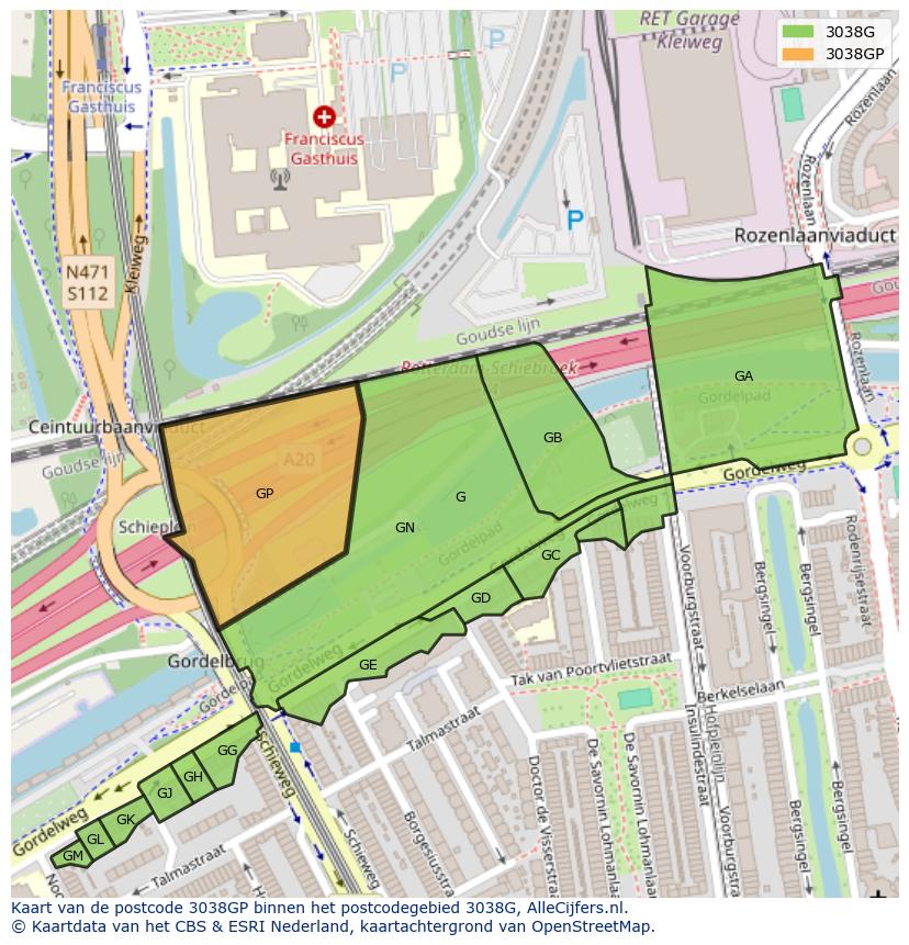 Afbeelding van het postcodegebied 3038 GP op de kaart.